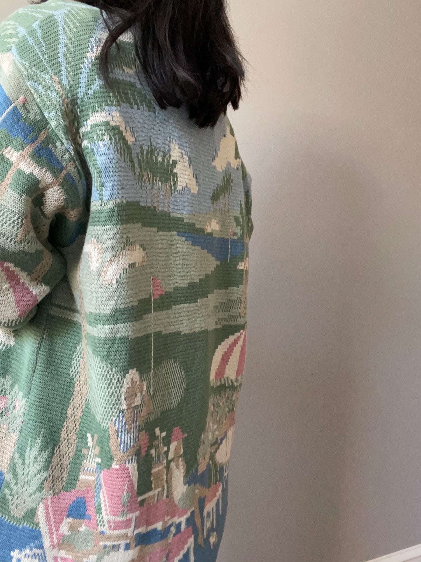 Vintage Pastel Patio Scene Golf Knit (Size L)