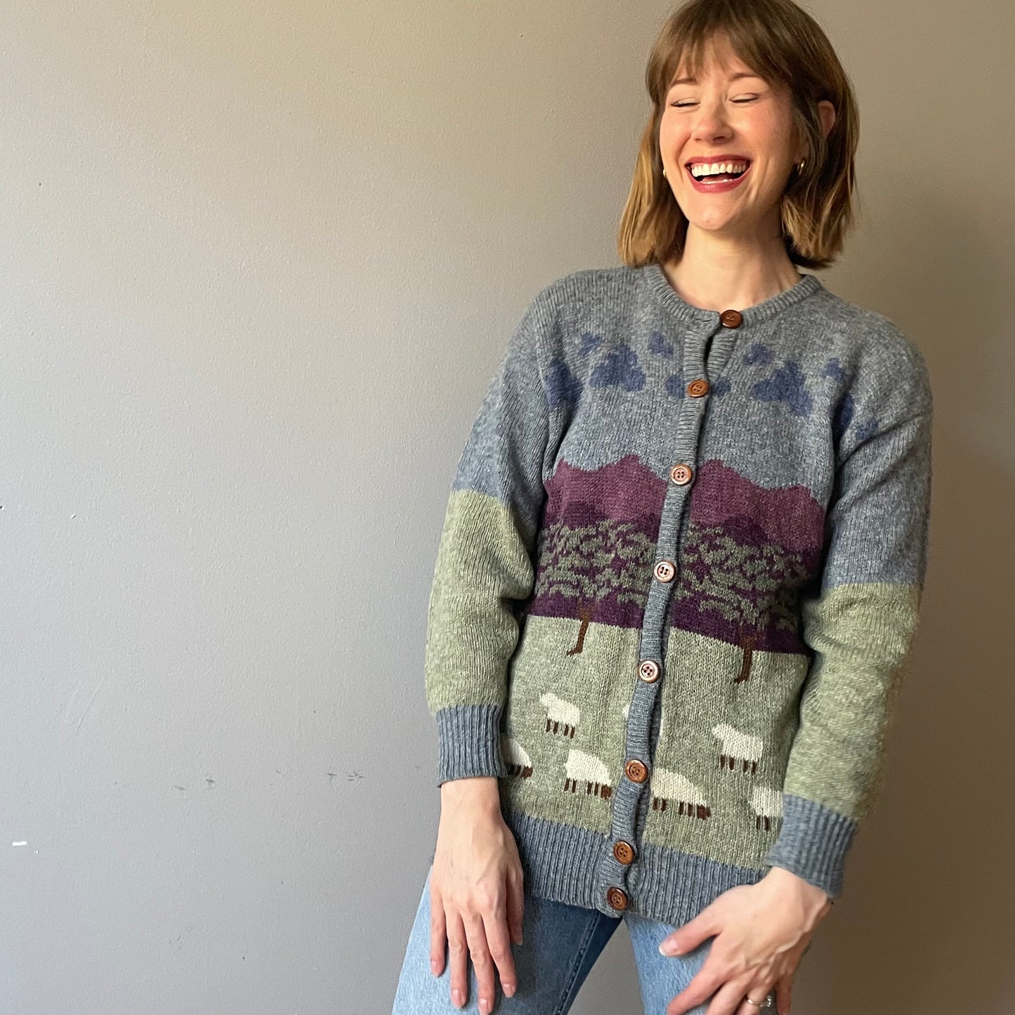 Vintage Scenic Sheep Cardigan by New Wool (Size XS/S)
