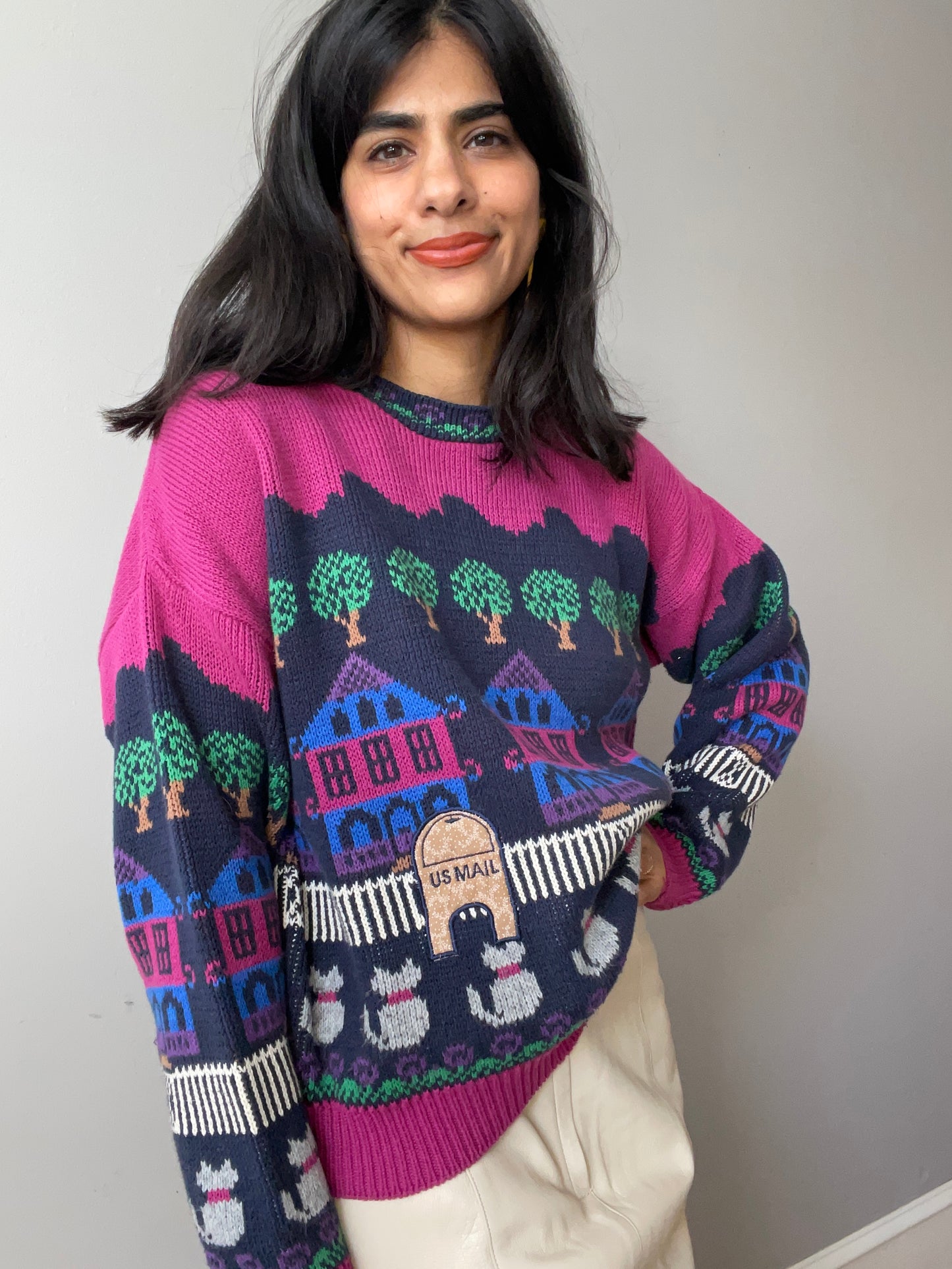 Whimsical Neighborhood Scenic Sweater by Bonnie Noble (Size L)