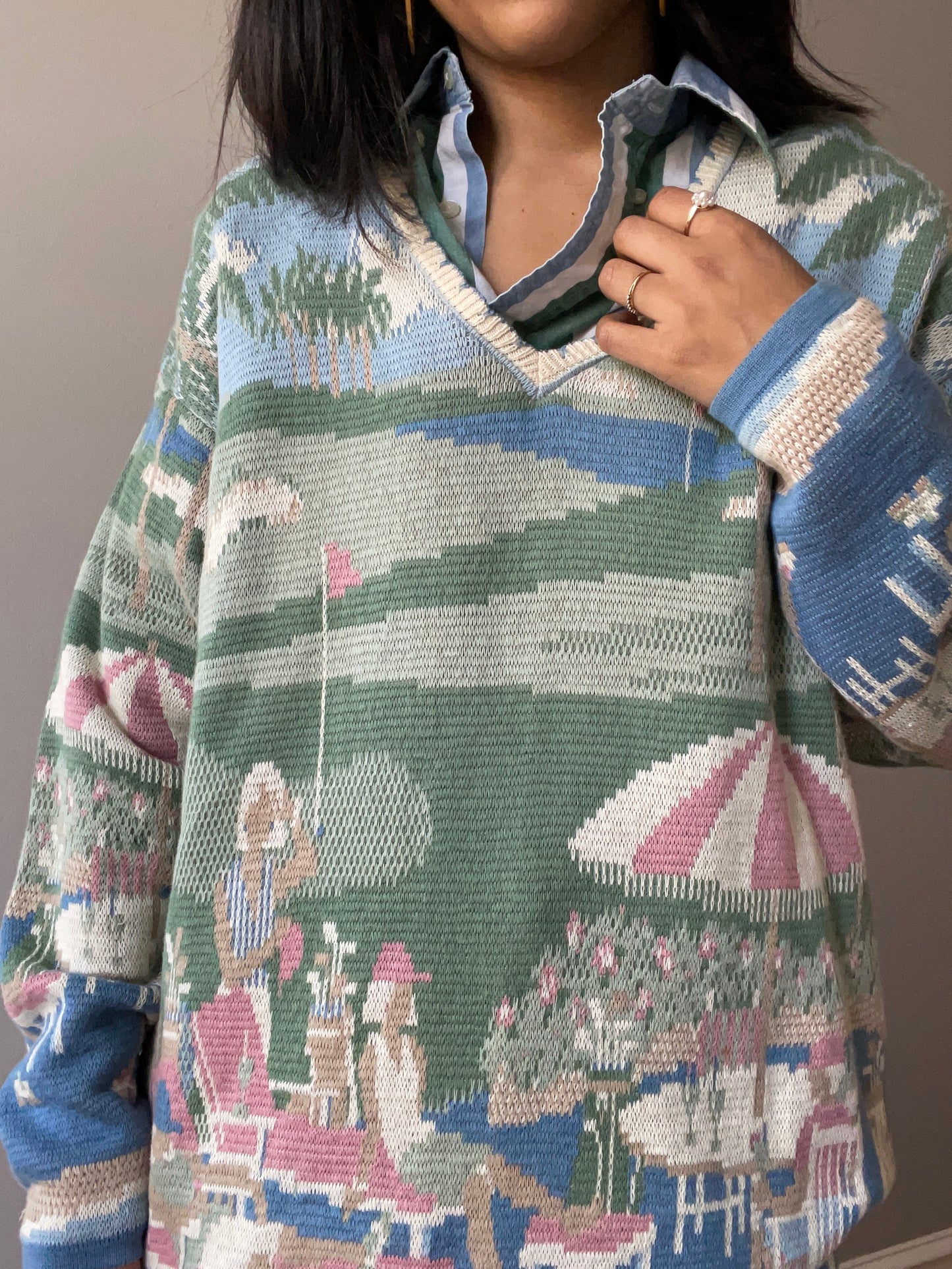 Vintage Pastel Patio Scene Golf Knit (Size L)