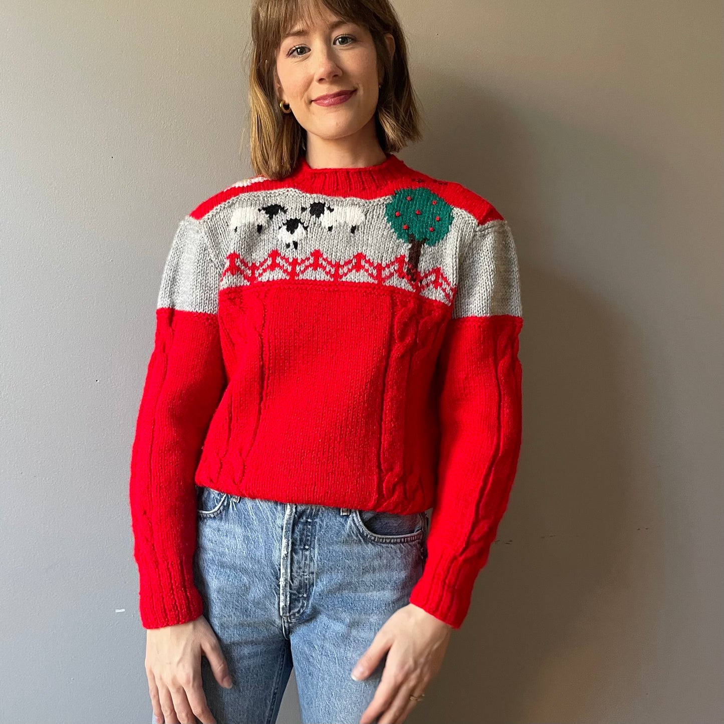 Vintage Cherry Red Sheep Sweater (Size XS/S)