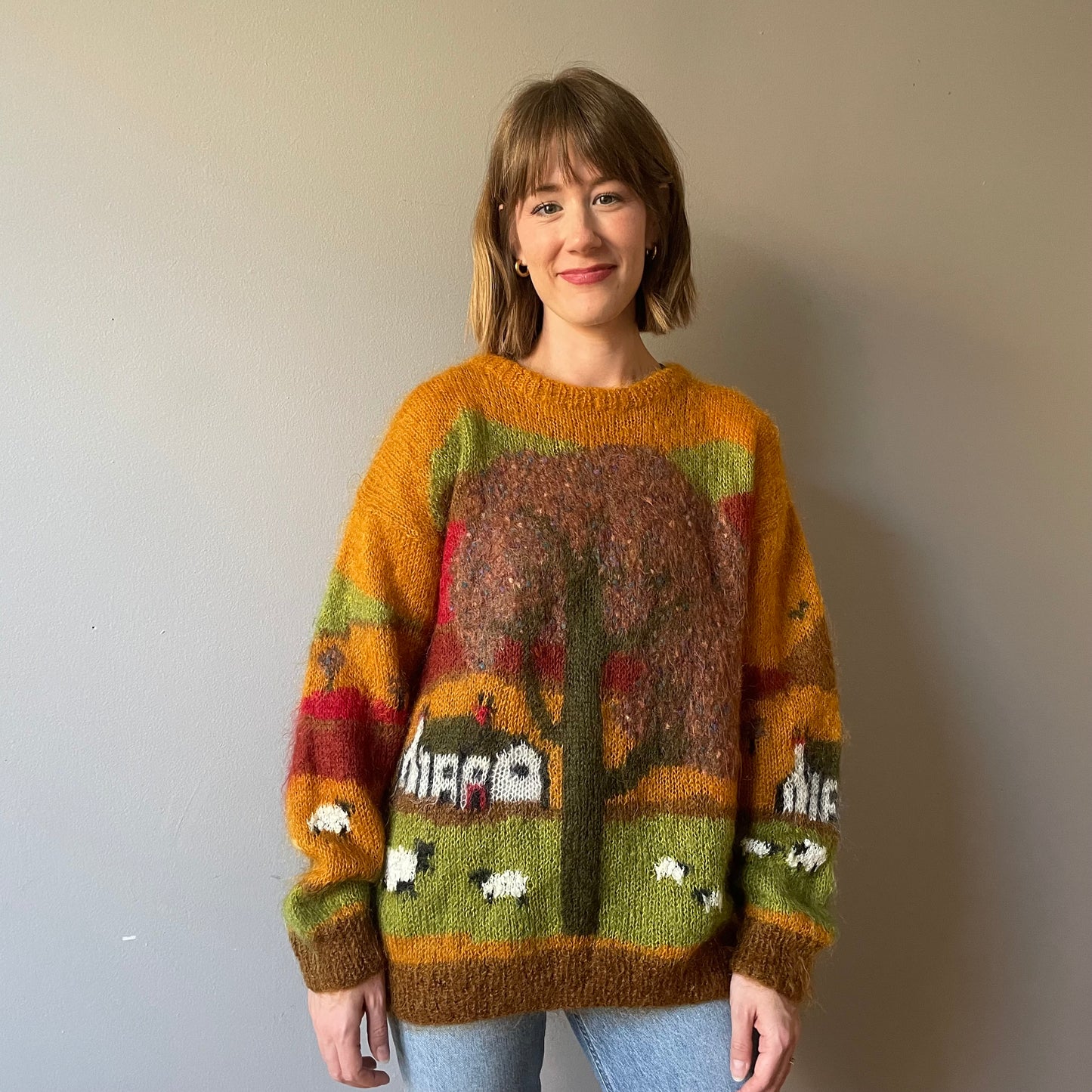Vintage Scenic Mustard Mohair Pastoral Knit (Size M)