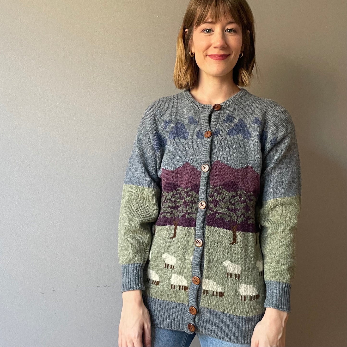 Vintage Scenic Sheep Cardigan by New Wool (Size XS/S)