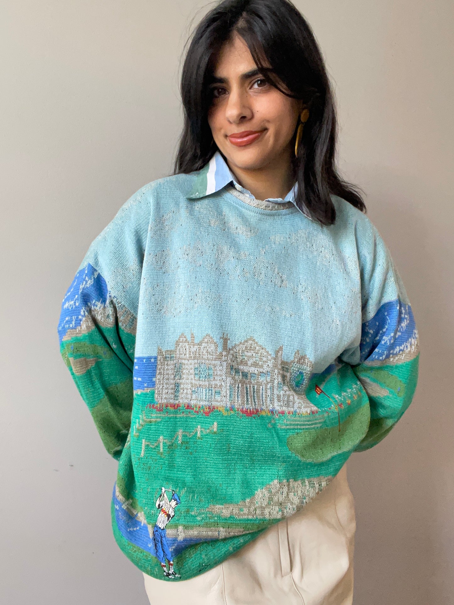 Vintage Scenic Golf Knit with Embroidery by St. Croix (Size L)