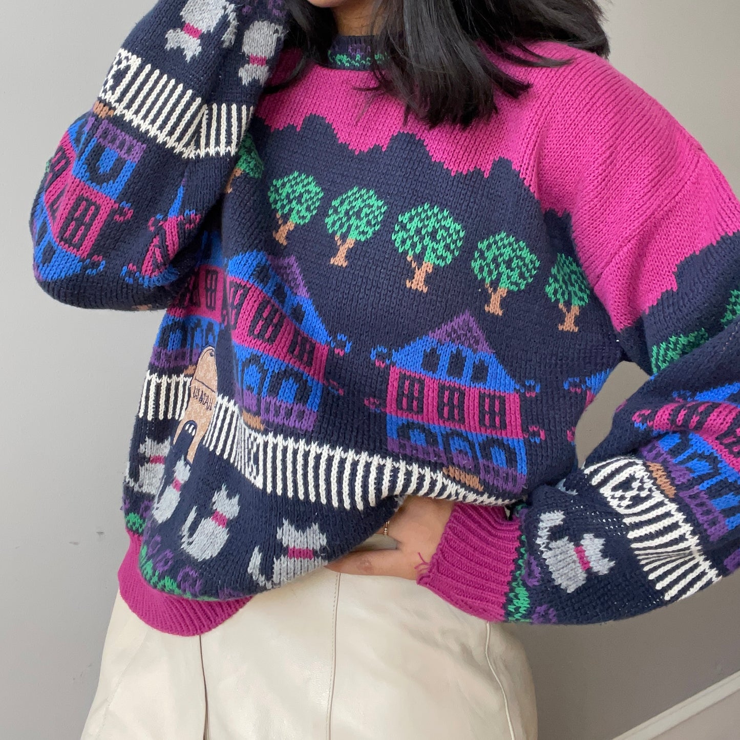 Whimsical Neighborhood Scenic Sweater by Bonnie Noble (Size L)