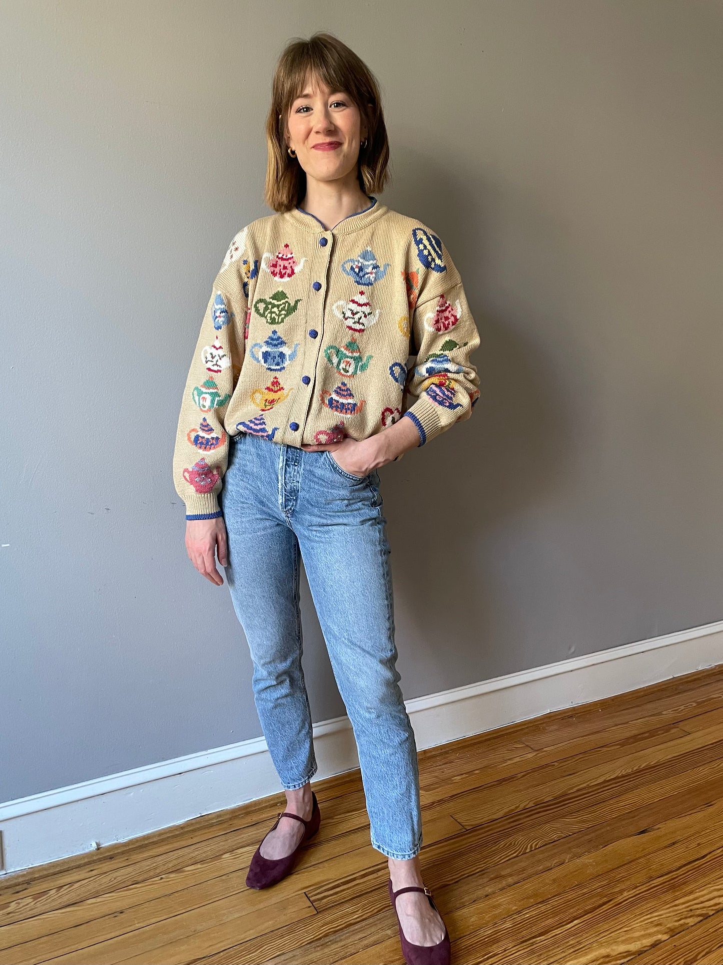 Vintage Teapot Themed Knit by Christine Foley (Size L/XL)