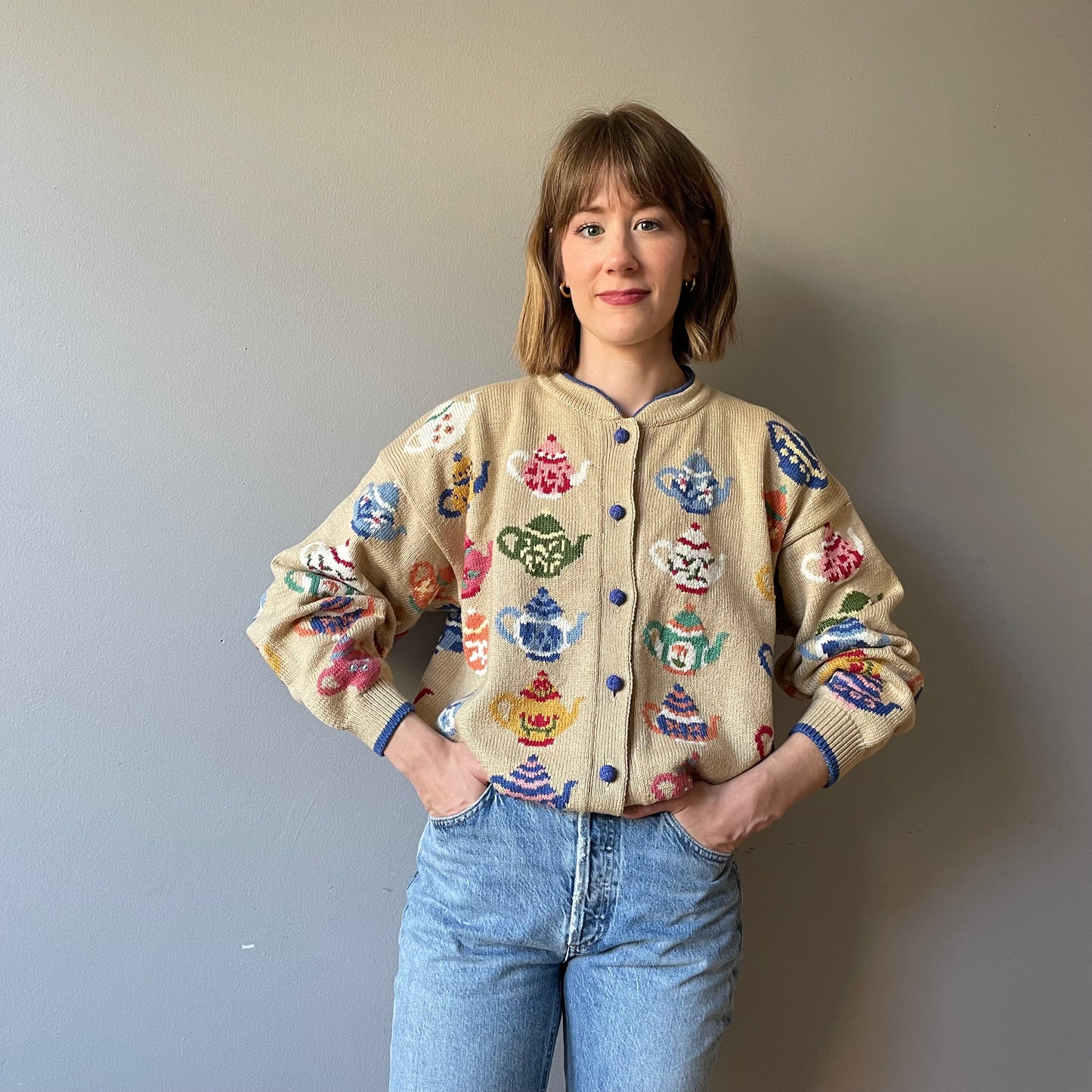 Vintage Teapot Themed Knit by Christine Foley (Size L/XL)