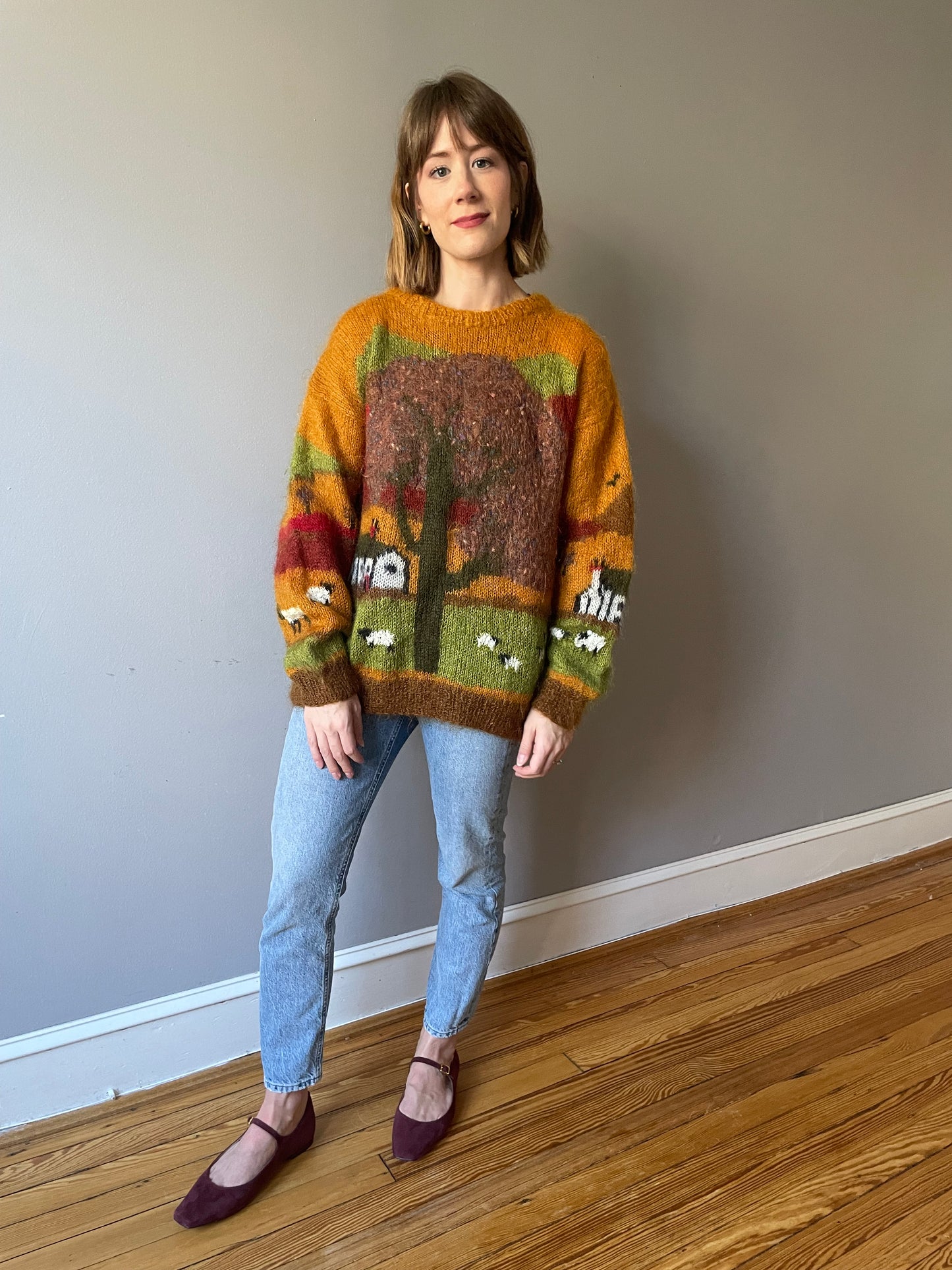 Vintage Scenic Mustard Mohair Pastoral Knit (Size M)