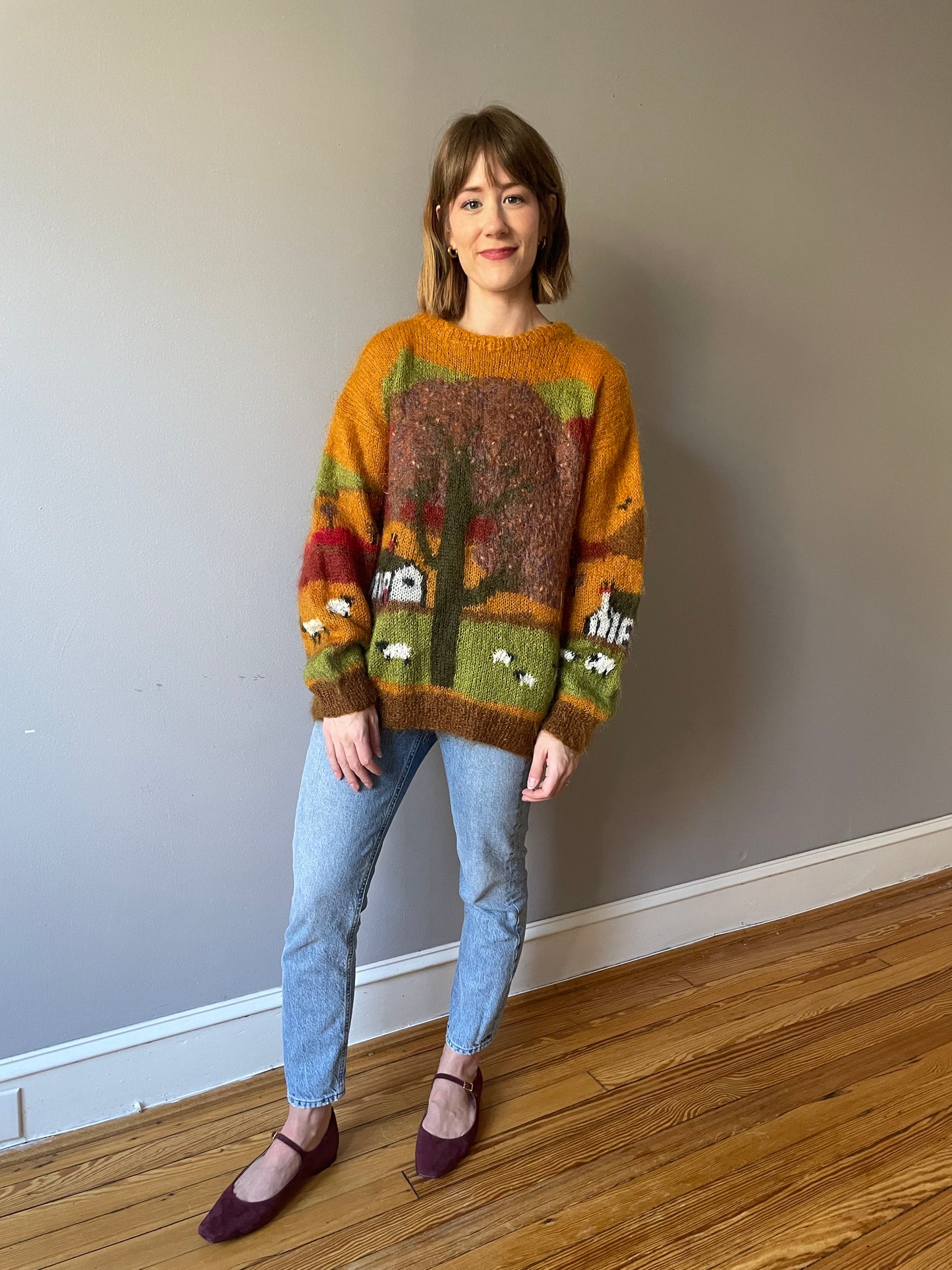 Vintage Scenic Mustard Mohair Pastoral Knit (Size M)