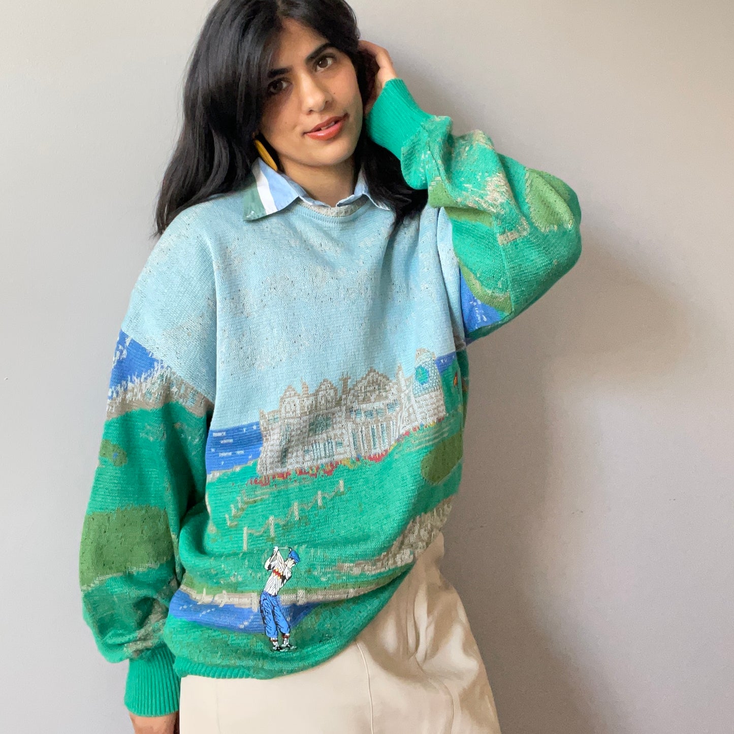 Vintage Scenic Golf Knit with Embroidery by St. Croix (Size L)