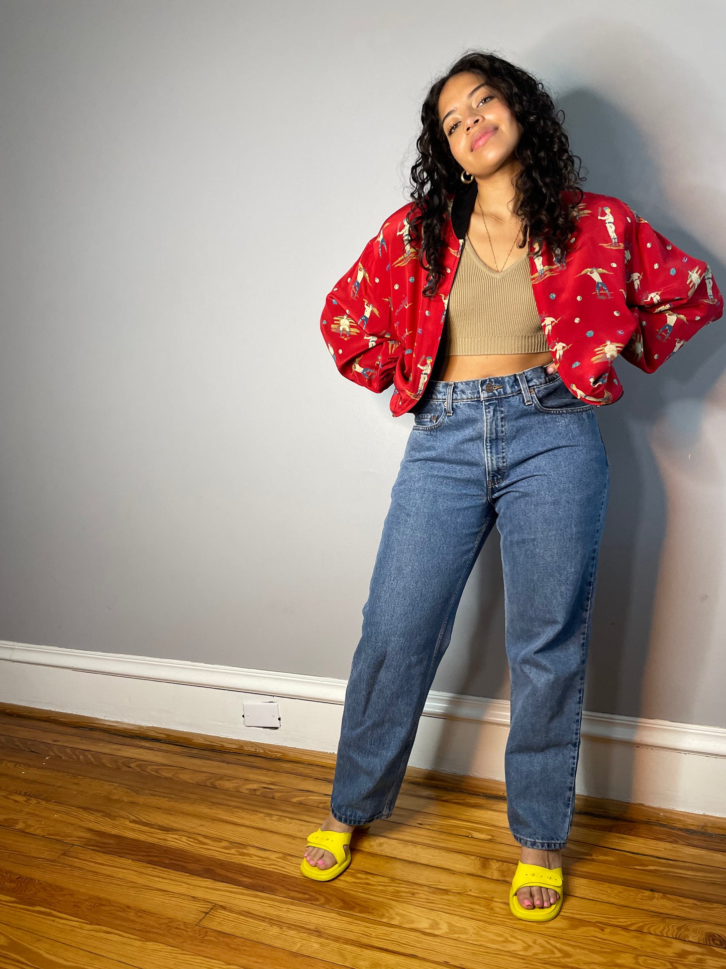 Vintage Silk Baseball Print Bomber (Medium)