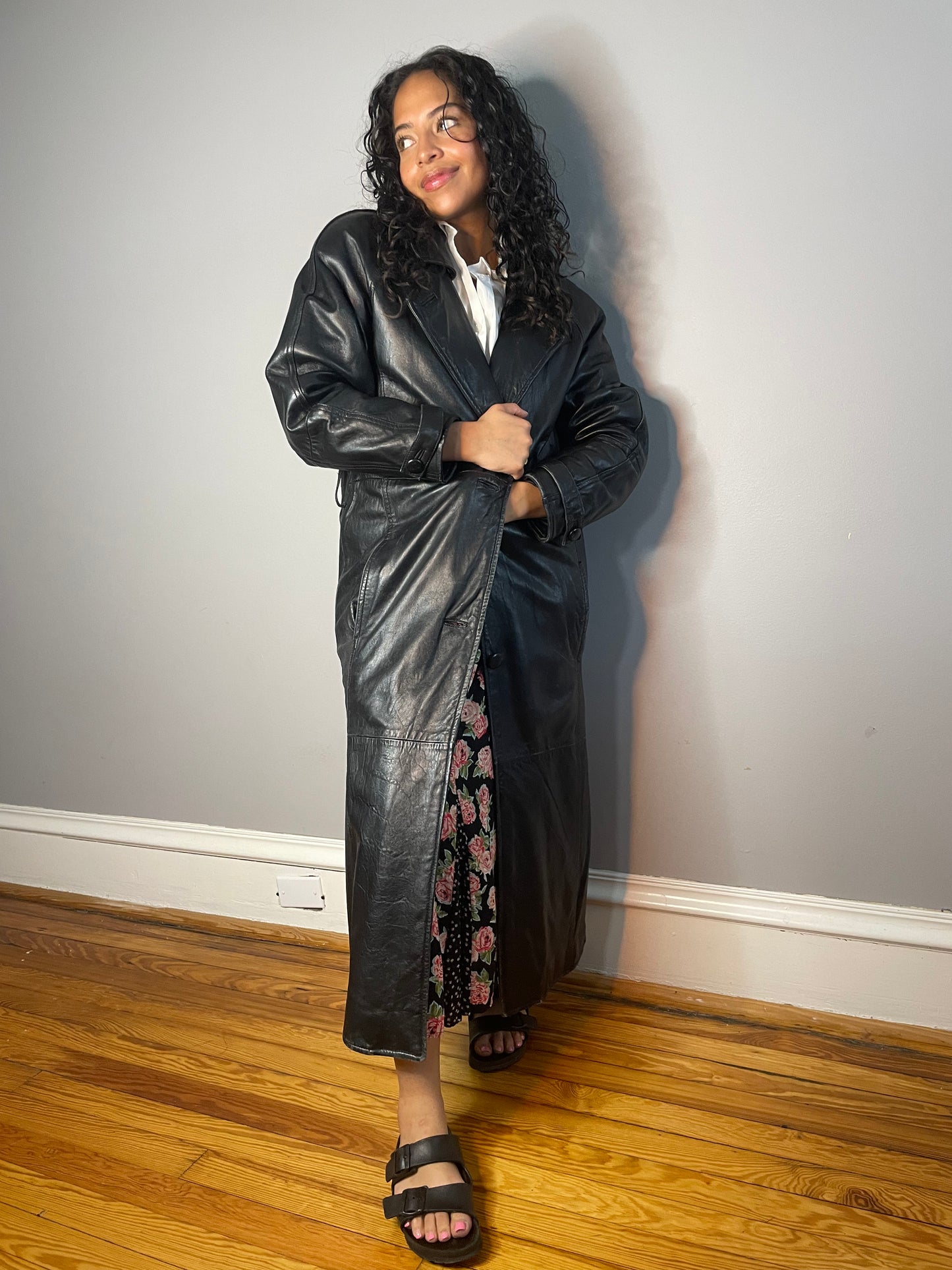 Vintage Black Leather Trench (Small/Medium)