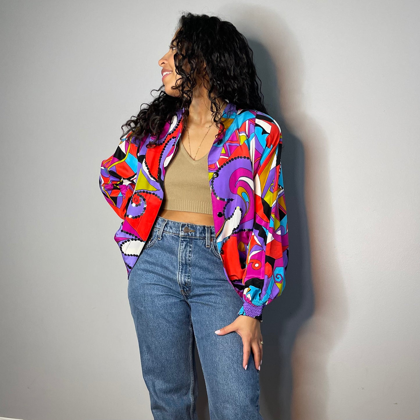Vintage Silk + Sequin Psychedelic Bomber (Medium)