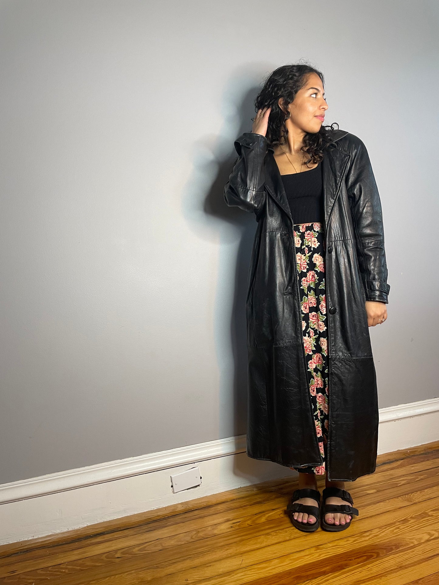 Vintage Black Leather Trench (Small/Medium)