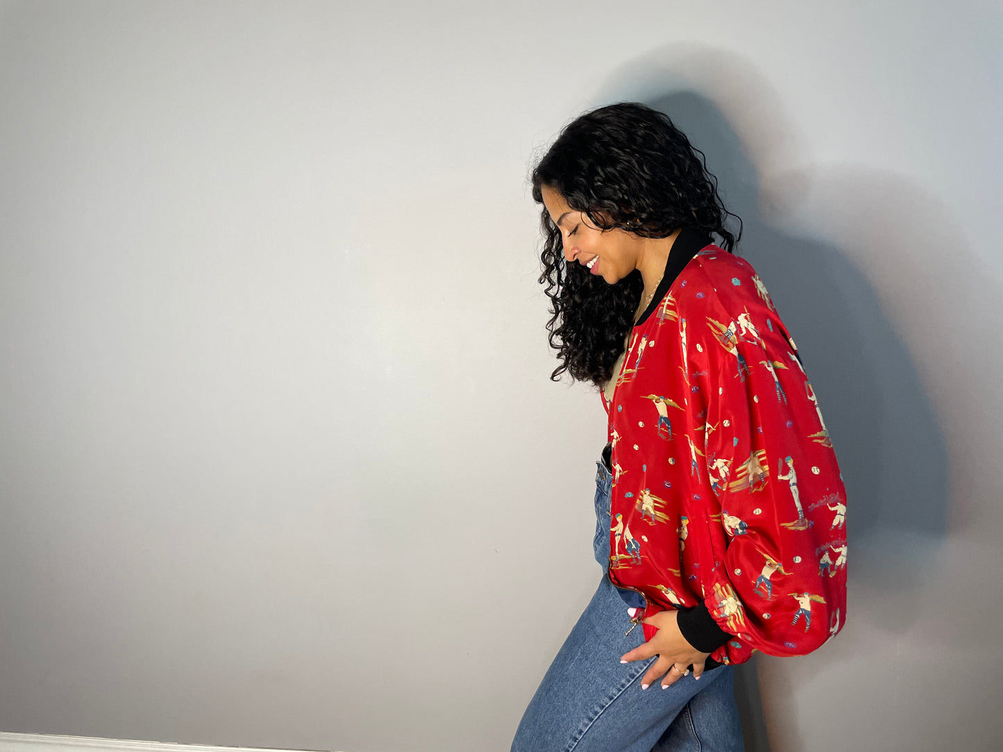 Vintage Silk Baseball Print Bomber (Medium)