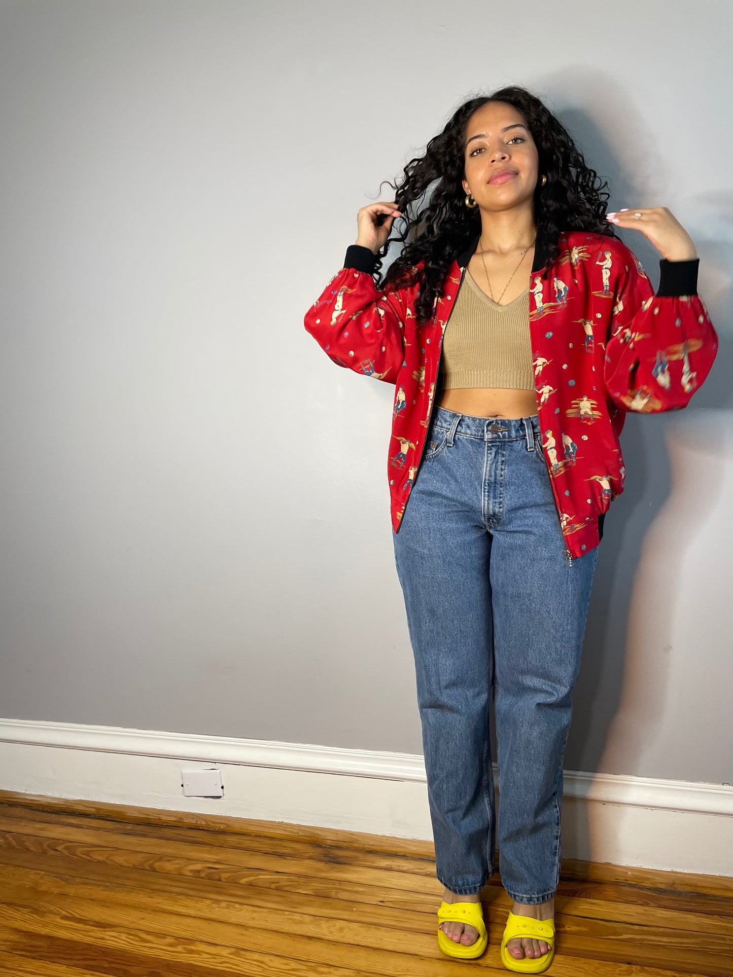 Vintage Silk Baseball Print Bomber (Medium)