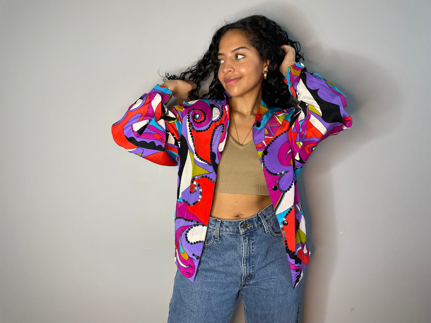 Vintage Silk + Sequin Psychedelic Bomber (Medium)