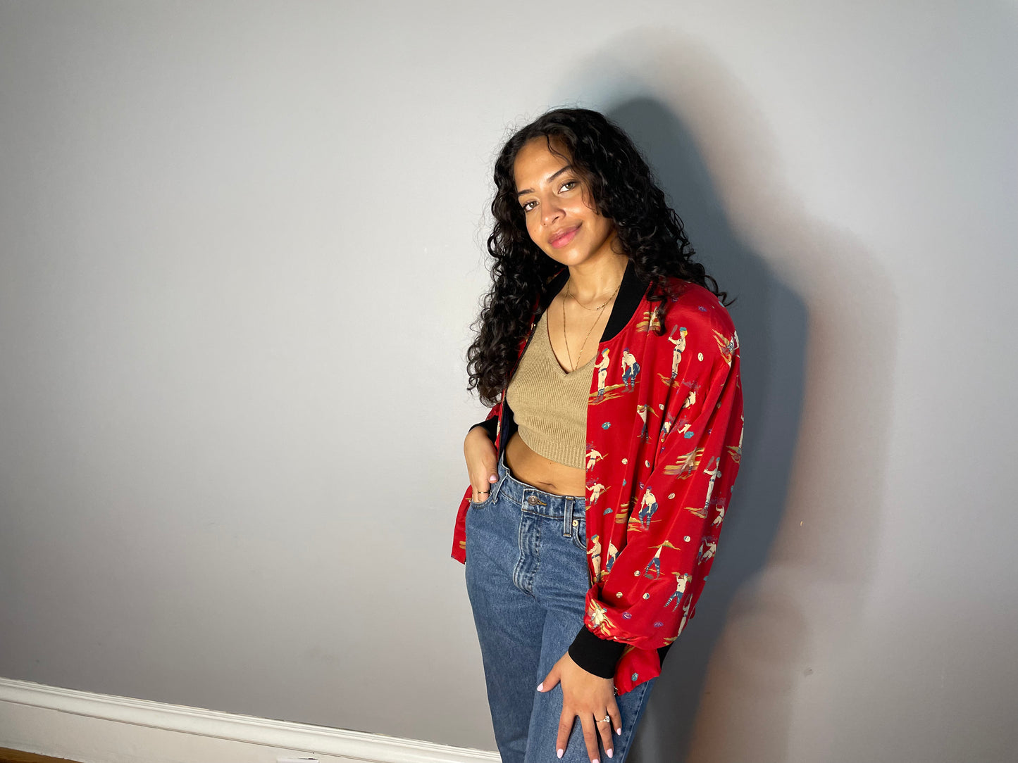 Vintage Silk Baseball Print Bomber (Medium)