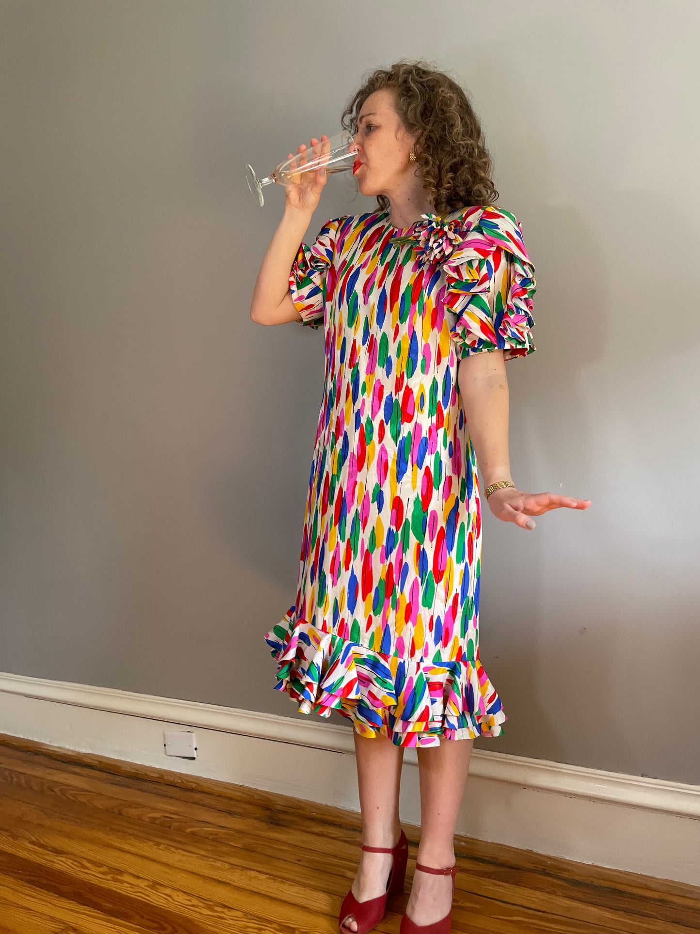 Rare Vintage Saks Fifth Silk Rainbow Ruffle Dress (Medium/Large)