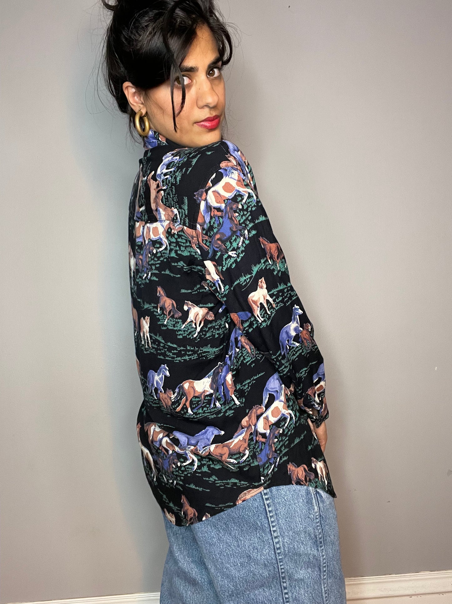Vintage Black Equestrian Print Blouse (XS/S)