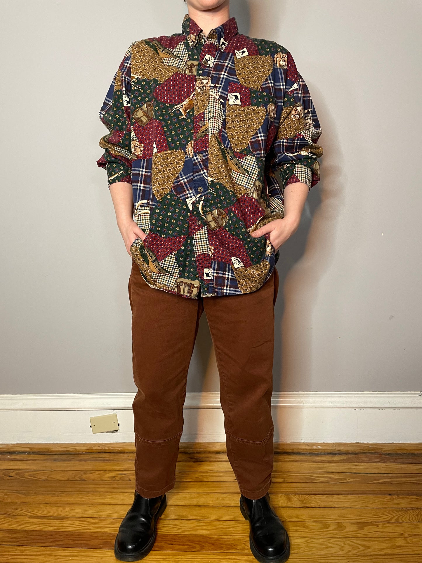 Vtg Australian Themed Patchwork Button Down (Men's XL)