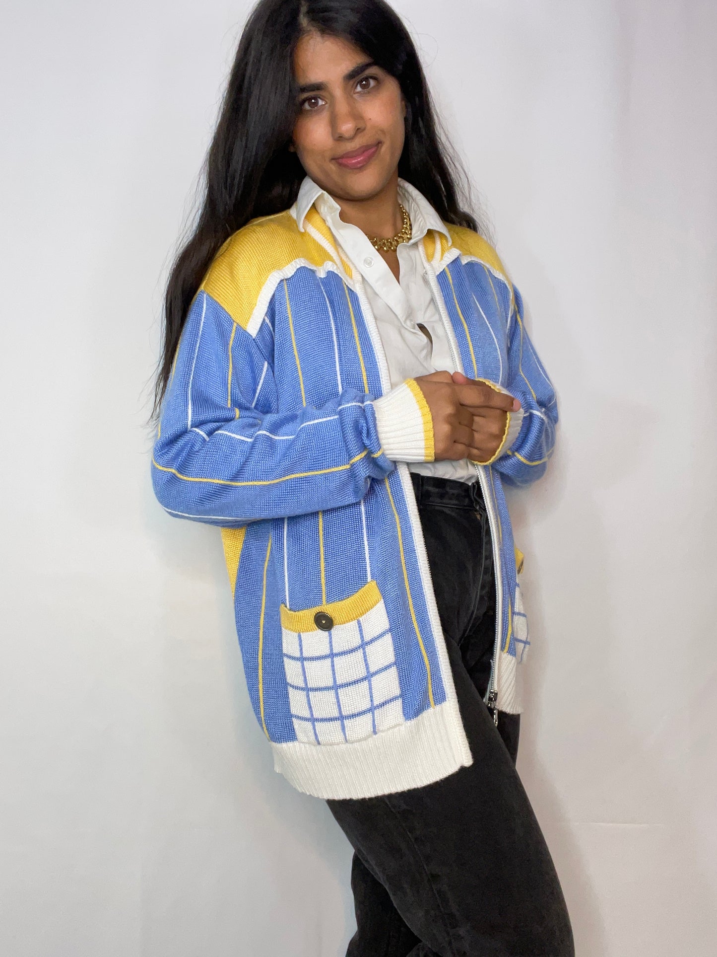 Vintage Blue and Yellow Italian Knit Jacket (M/L)