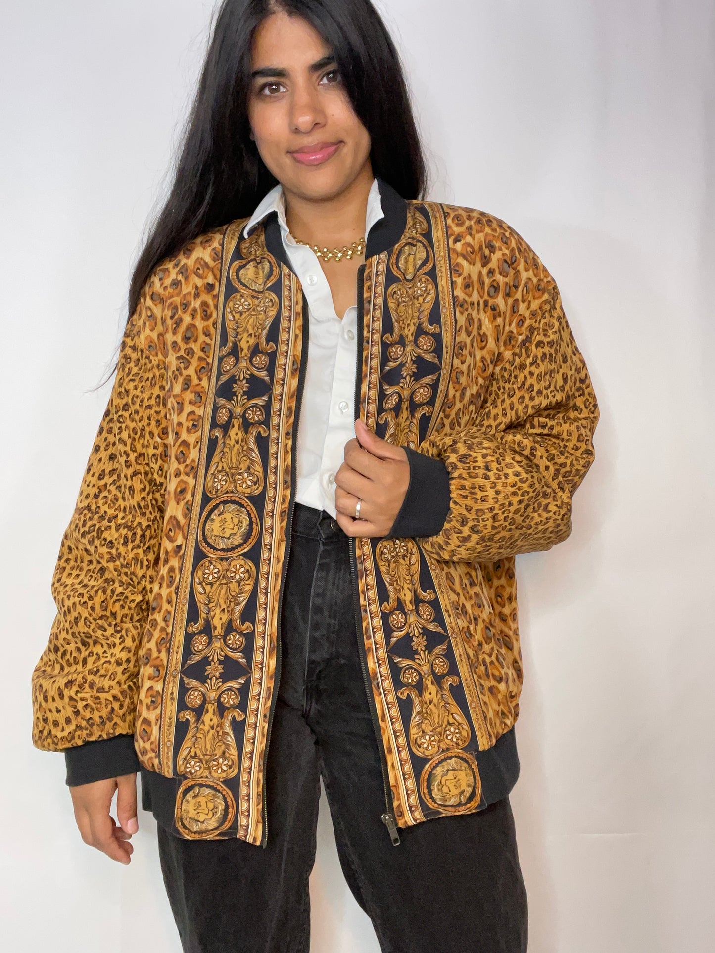 Vintage Silk Leopard Chain Print Dream Bomber (L/XL)