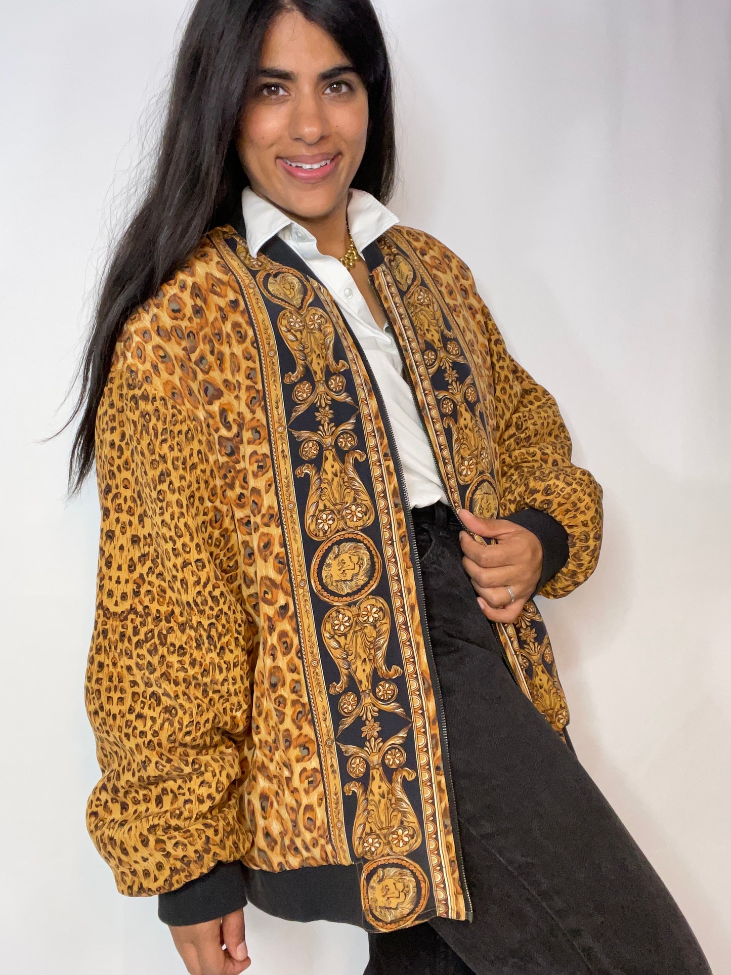 Vintage Silk Leopard Chain Print Dream Bomber (L/XL)