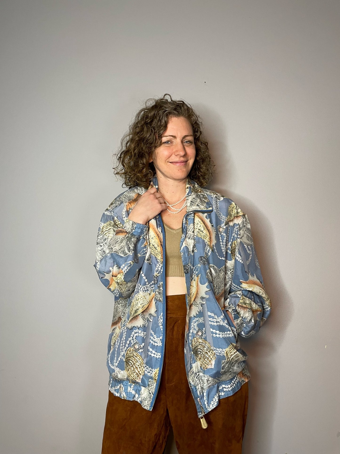 Vintage Silk Shell & Pearl Print Bomber (Medium)