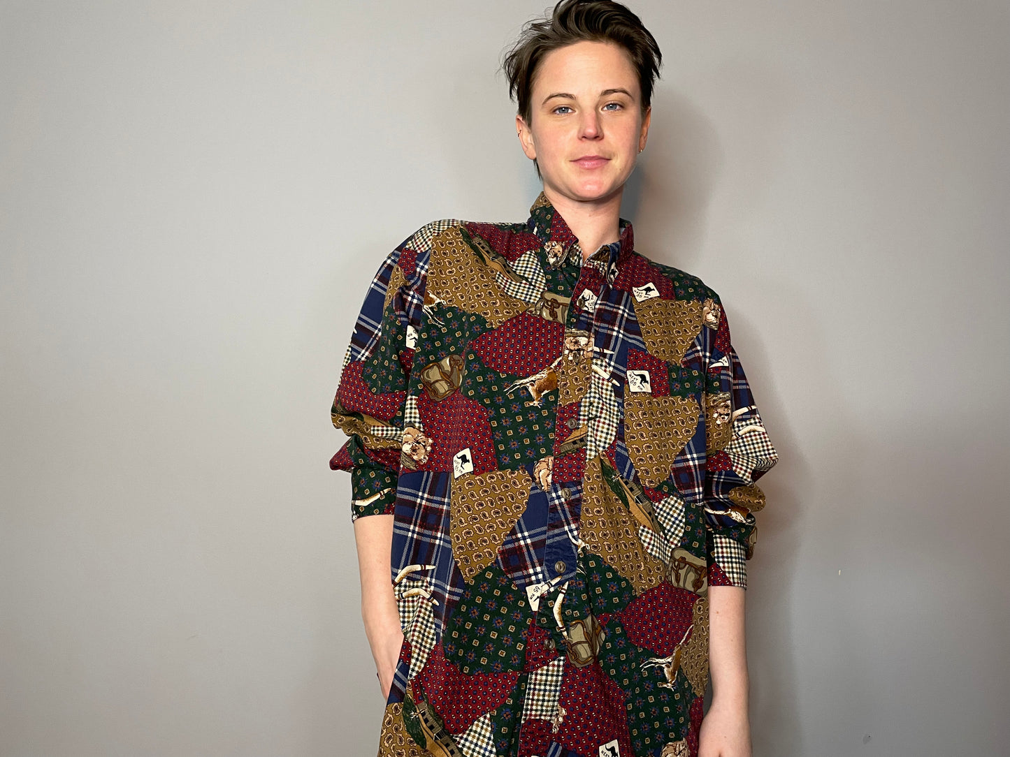 Vtg Australian Themed Patchwork Button Down (Men's XL)
