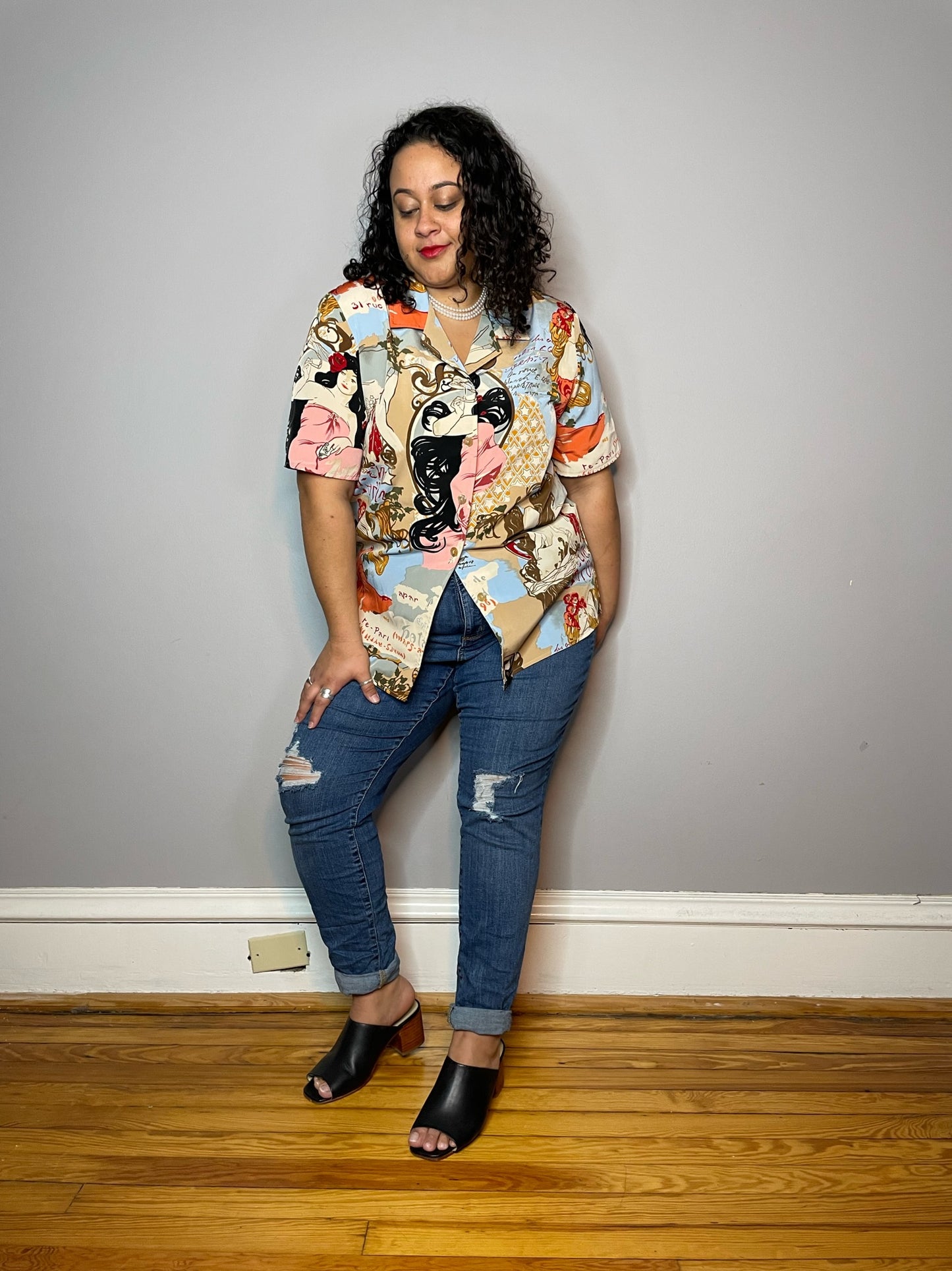 Parisian Lady Print Button Up (L/XL)