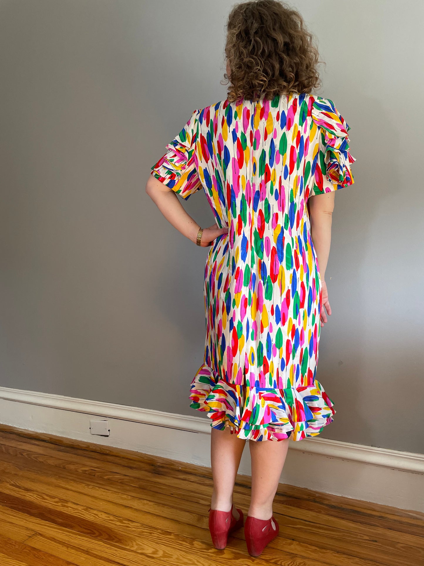 Rare Vintage Saks Fifth Silk Rainbow Ruffle Dress (Medium/Large)