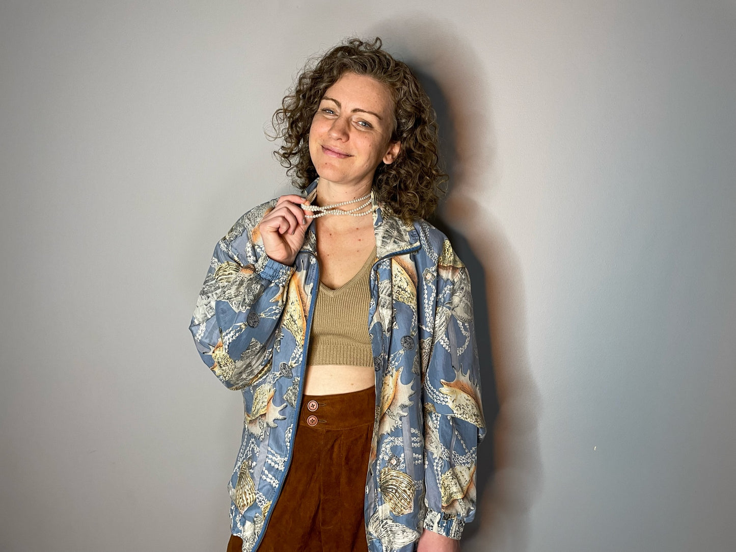 Vintage Silk Shell & Pearl Print Bomber (Medium)