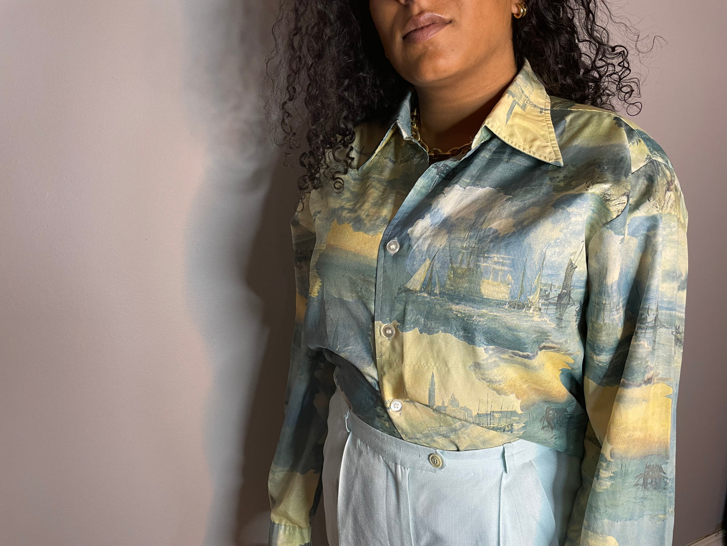 Vintage 1970s Cloud Print Disco Shirt (Large)