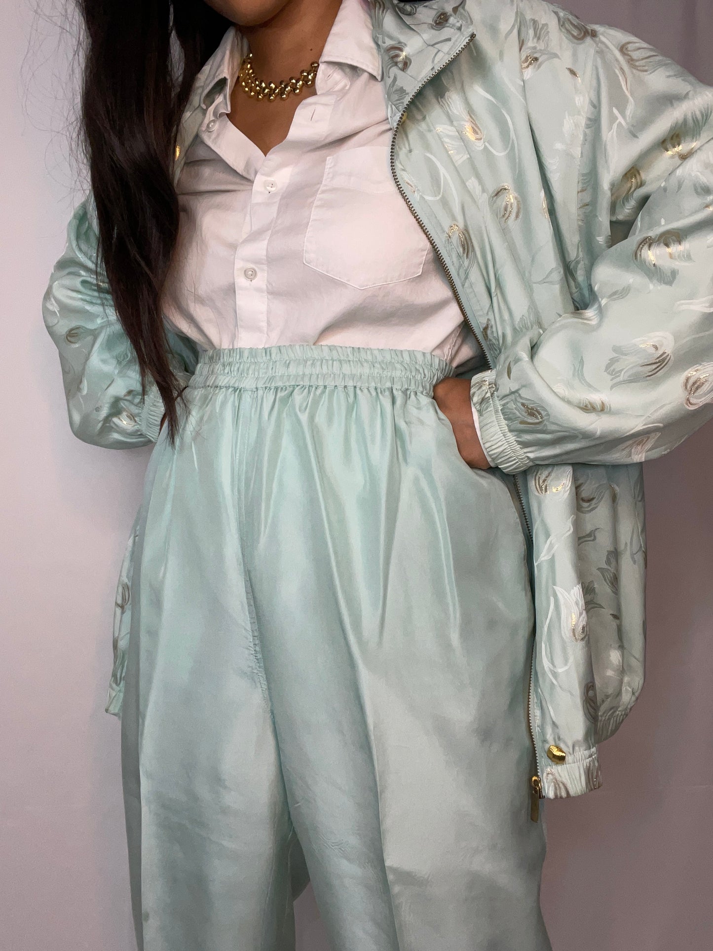 Two Piece Mint Silk Bomber + Pant Set (L/XL)