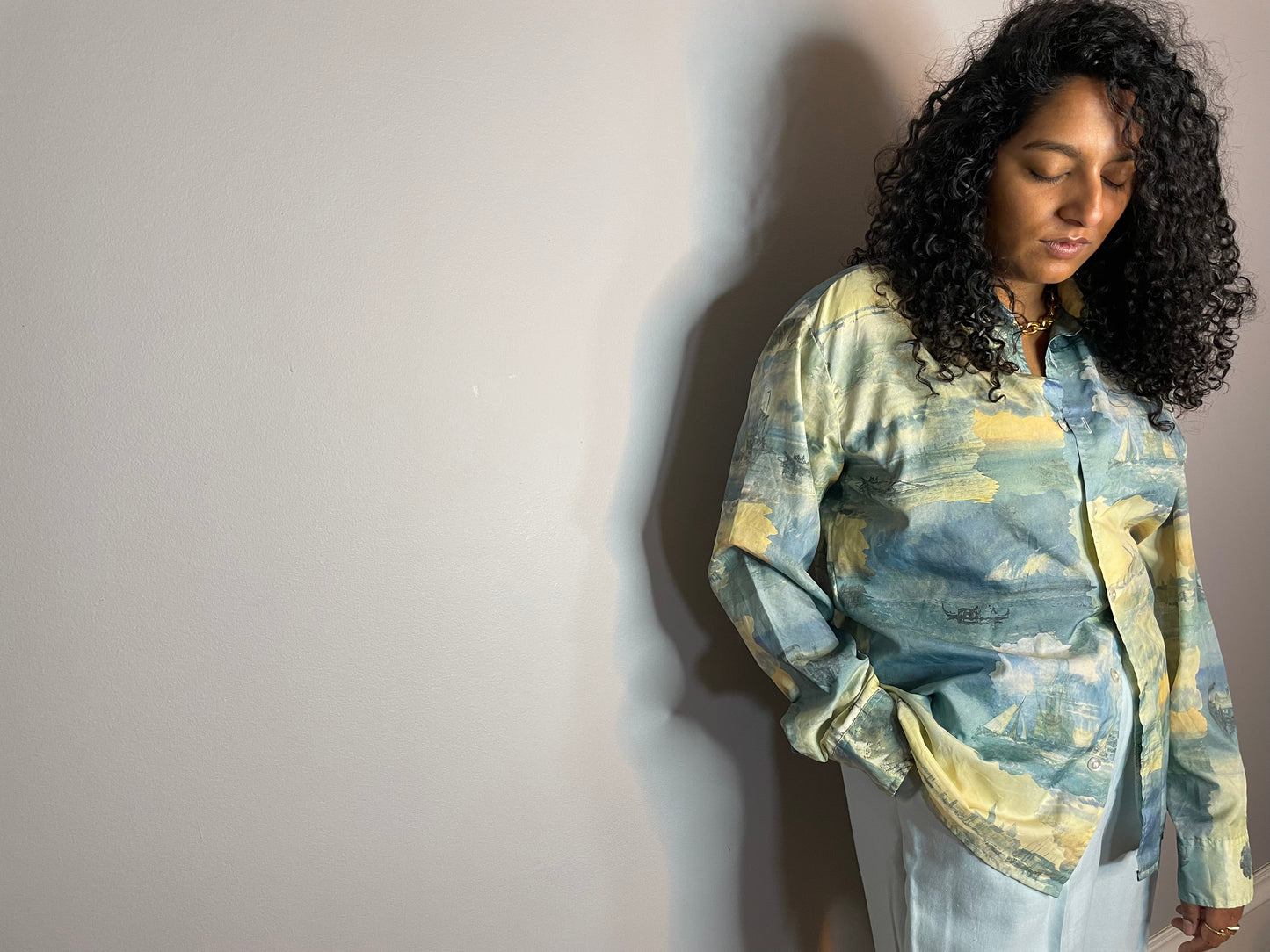 Vintage 1970s Cloud Print Disco Shirt (Large)