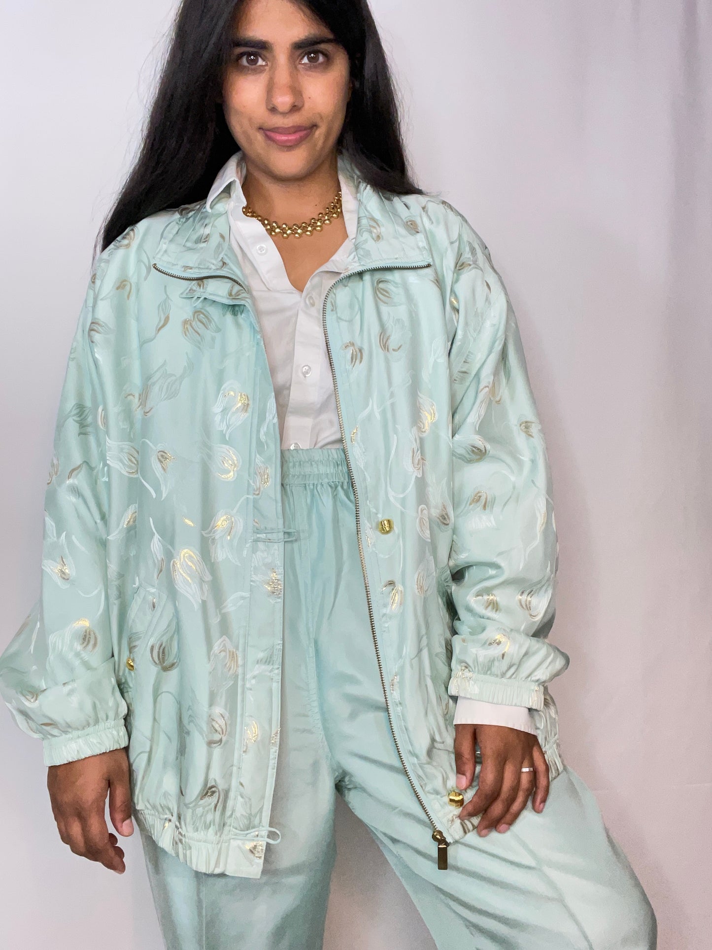 Two Piece Mint Silk Bomber + Pant Set (L/XL)