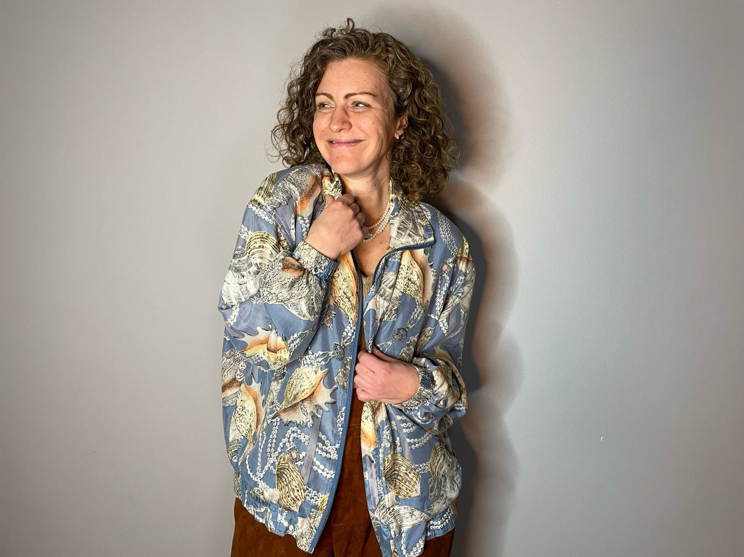 Vintage Silk Shell & Pearl Print Bomber (Medium)