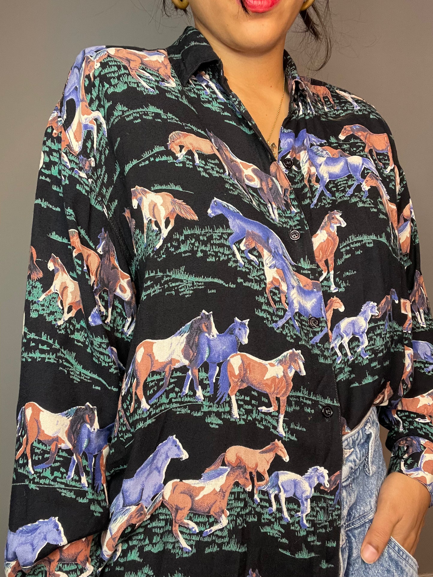 Vintage Black Equestrian Print Blouse (XS/S)