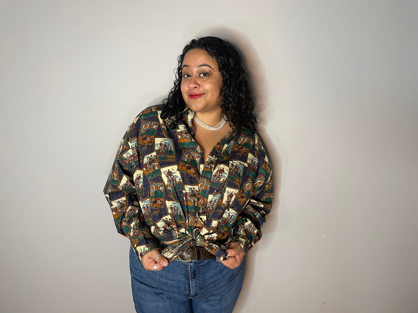 Vtg Collage Style Equestrian Print Button Up (XL)