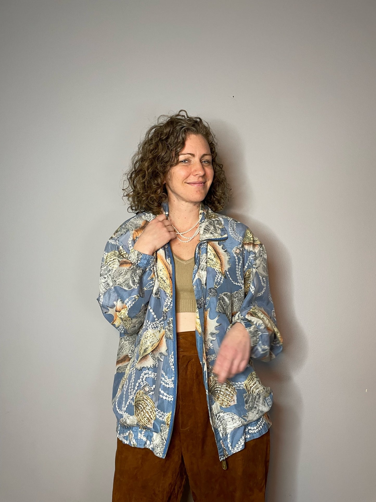 Vintage Silk Shell & Pearl Print Bomber (Medium)