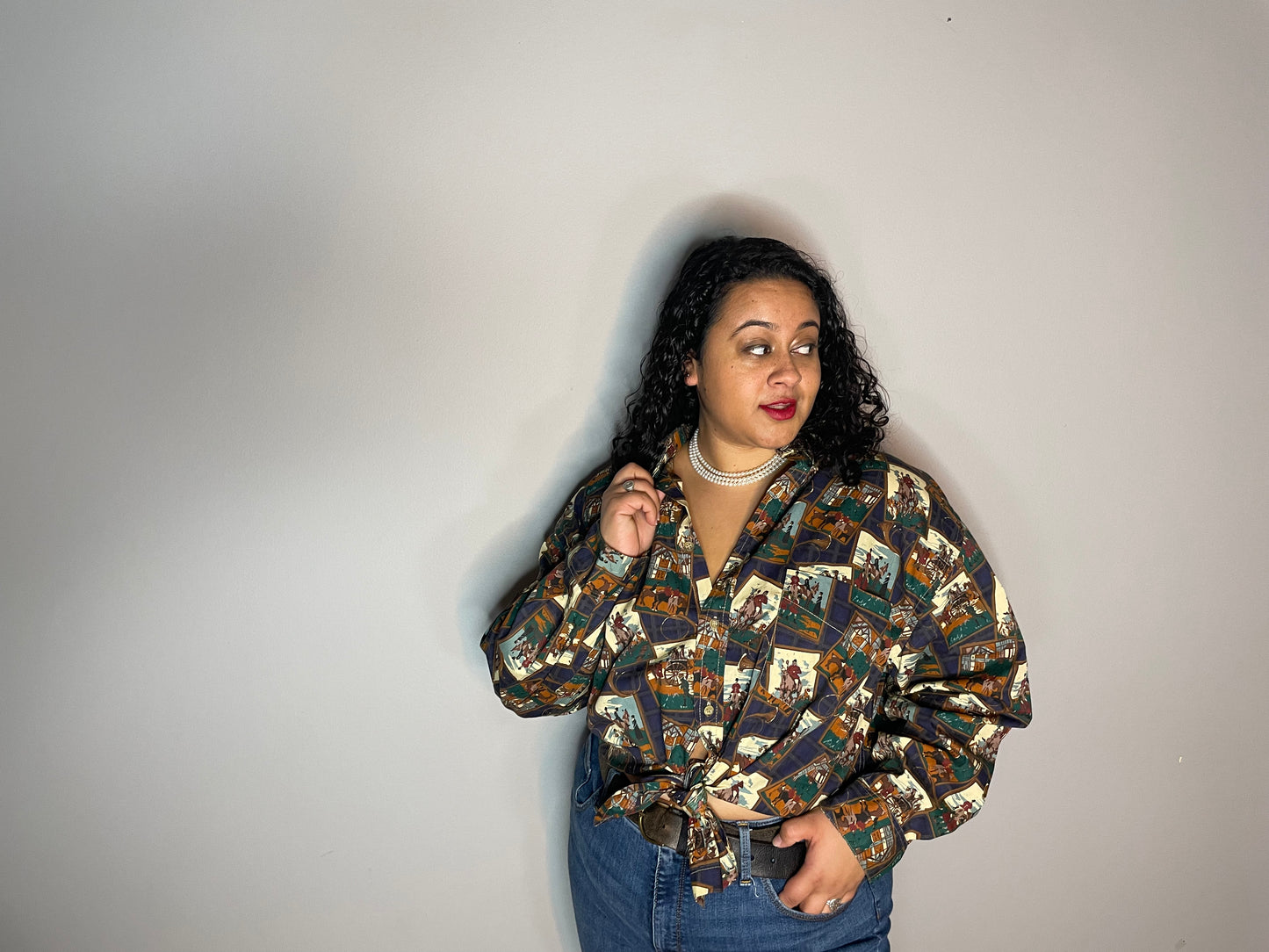 Vtg Collage Style Equestrian Print Button Up (XL)