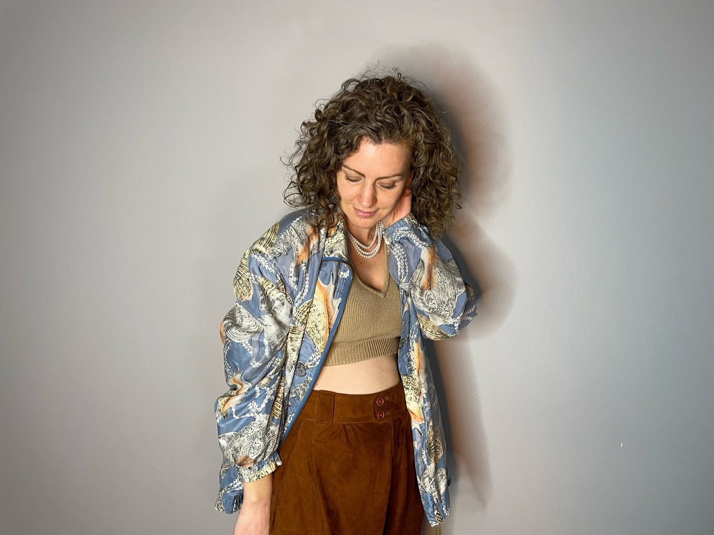 Vintage Silk Shell & Pearl Print Bomber (Medium)