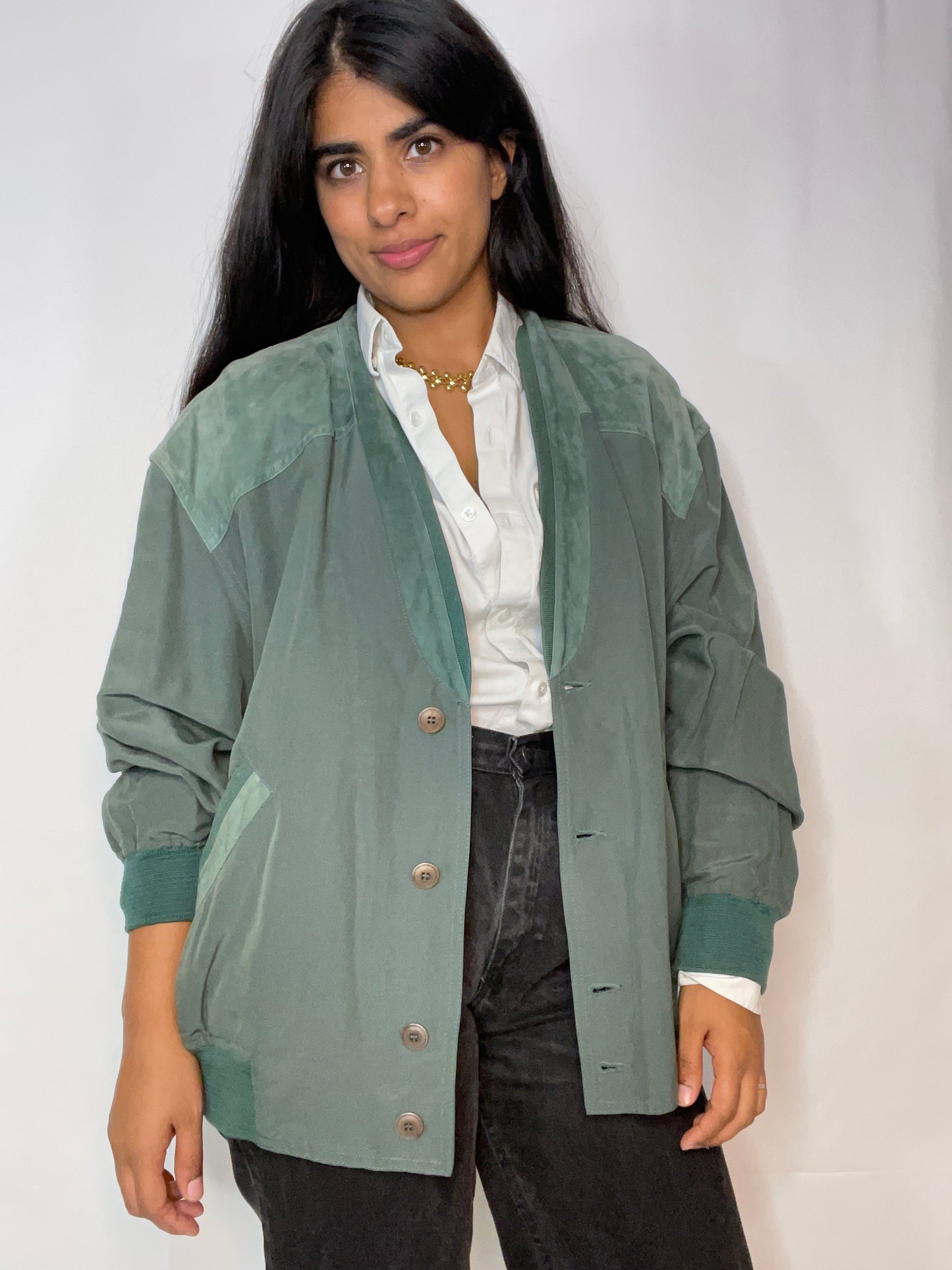 Green Sage Suede & Silk Mr Rogers Jacket (M/L)