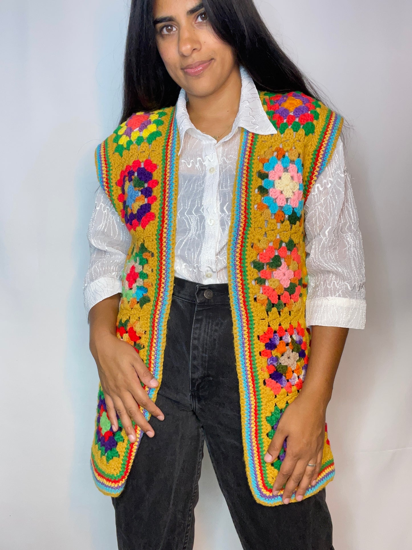 Vintage Mustard Granny Square Vest (XS/S)