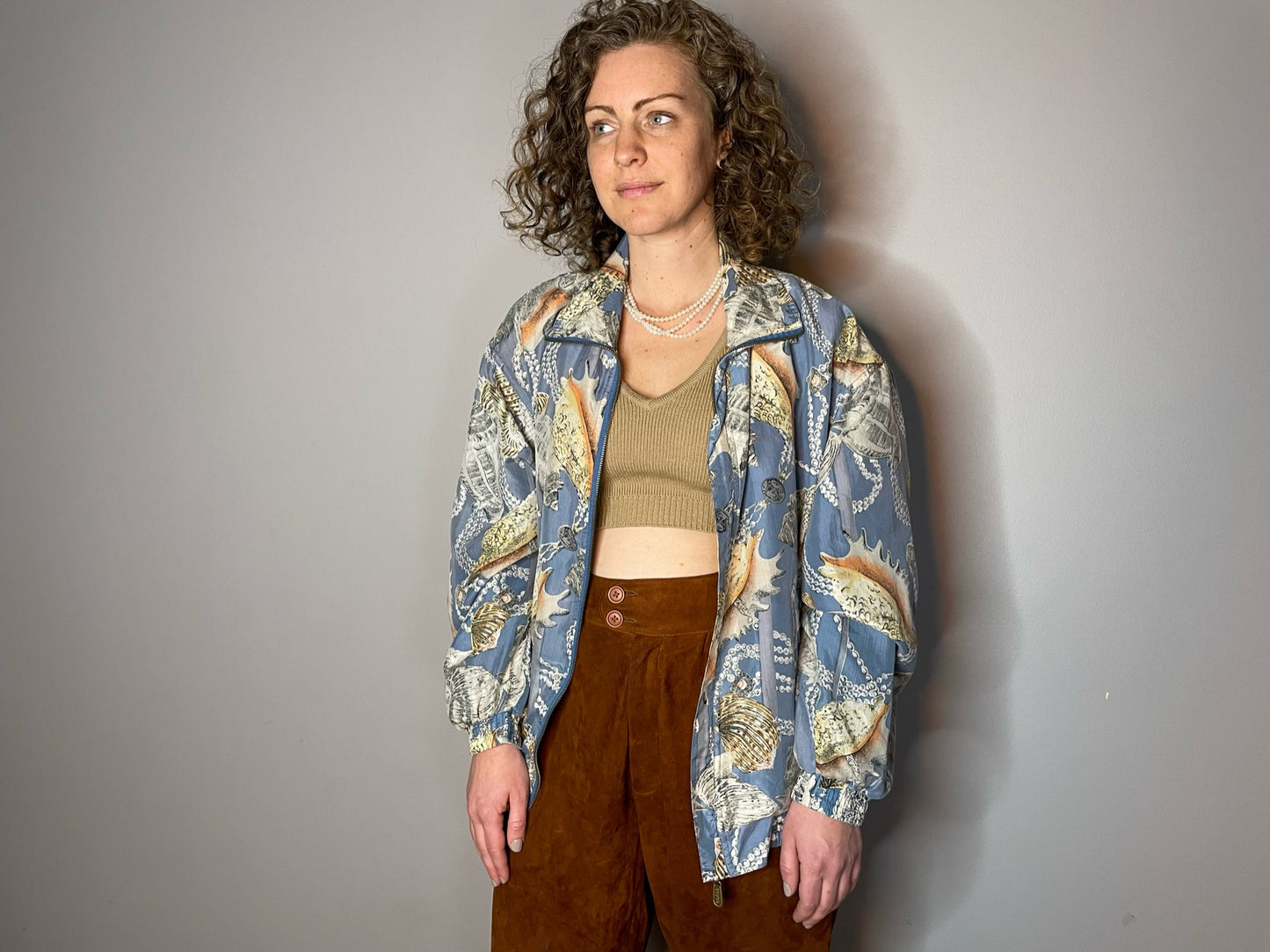 Vintage Silk Shell & Pearl Print Bomber (Medium)