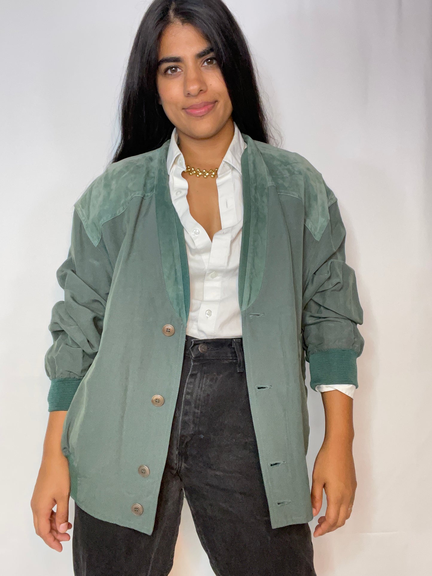 Green Sage Suede & Silk Mr Rogers Jacket (M/L)