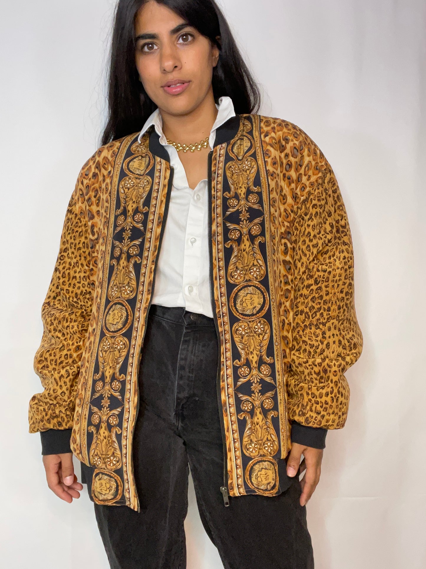 Vintage Silk Leopard Chain Print Dream Bomber (L/XL)
