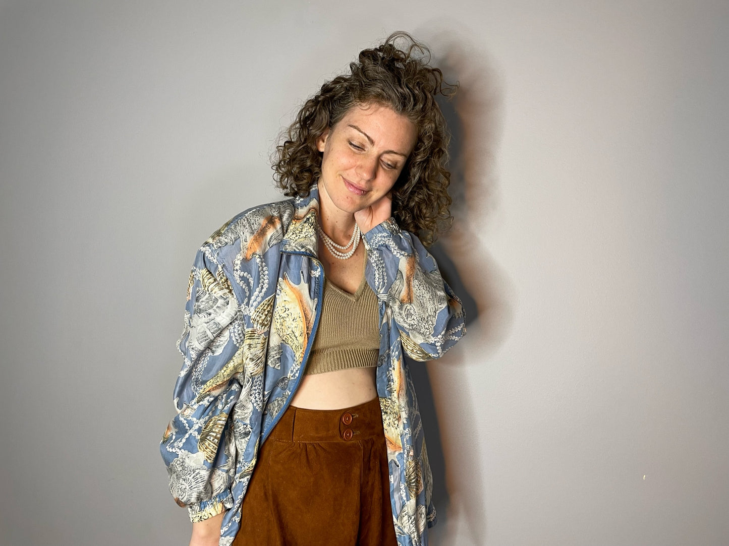 Vintage Silk Shell & Pearl Print Bomber (Medium)