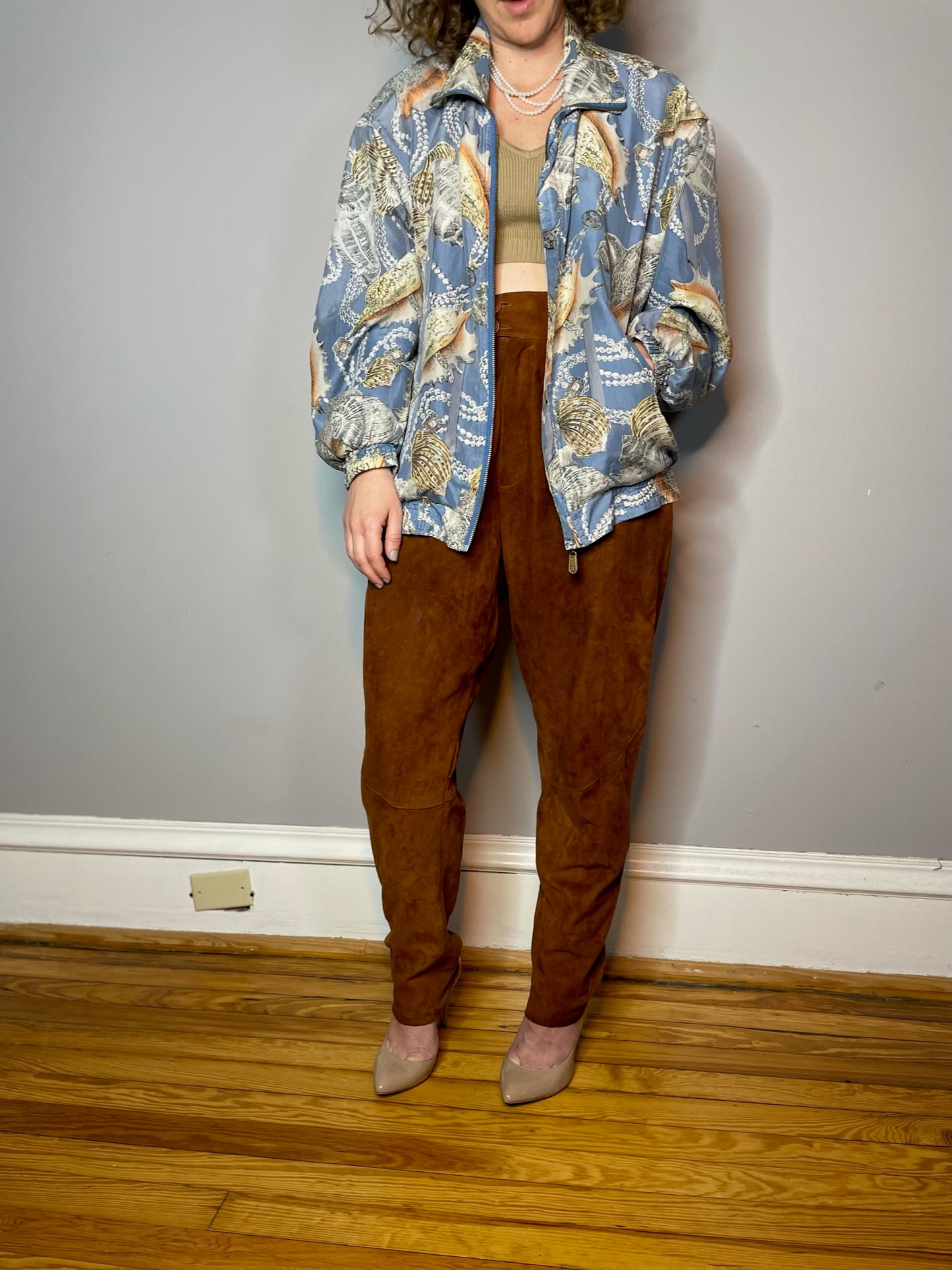 Vintage Silk Shell & Pearl Print Bomber (Medium)